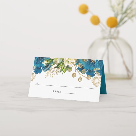  Turquoise en Gold Shabby Floral Wedding Plaatskaartje (Voorkant)