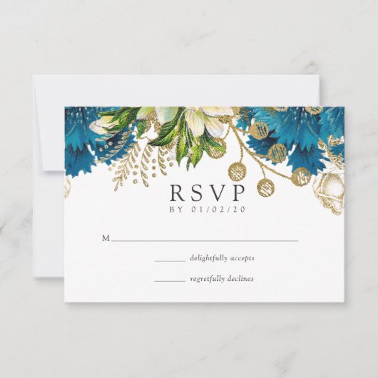  Turquoise en Gold Shabby Floral Wedding RSVP Kaartje (Voorkant)