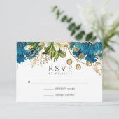  Turquoise en Gold Shabby Floral Wedding RSVP Kaartje (Staand voorkant)