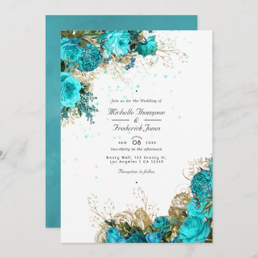  Turquoise en Gold Shabby QR Code Wedding Kaart (Voorkant / Achterkant)