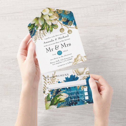 Turquoise en Gold Shabby Wedding All In One Uitnodiging (Afscheurbaar)