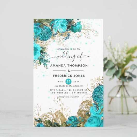 Turquoise en Gold Shabby Wedding Invite (Staand voorkant)