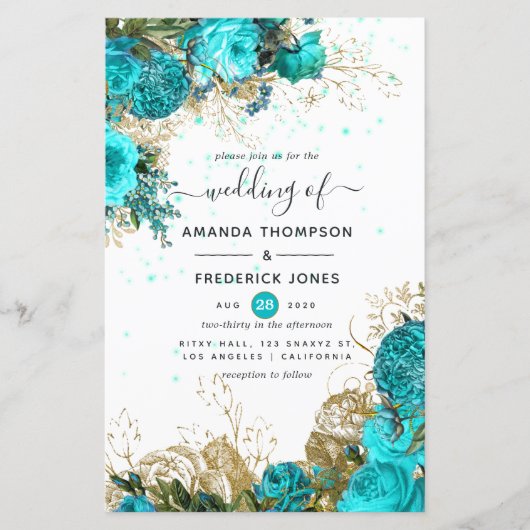  Turquoise en Gold Shabby Wedding Invite (Voorkant)