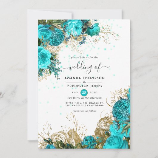  Turquoise en Gold Shabby Wedding Kaart (Voorkant)