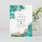  Turquoise en Gold Shabby Wedding Kaart (Staand voorkant)