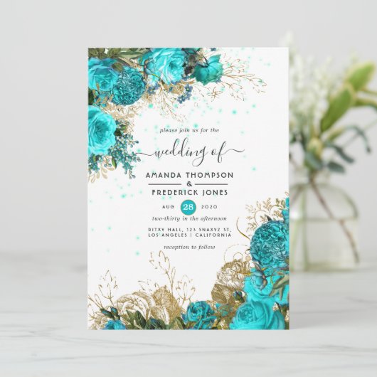  Turquoise en Gold Shabby Wedding Kaart (Staand voorkant)