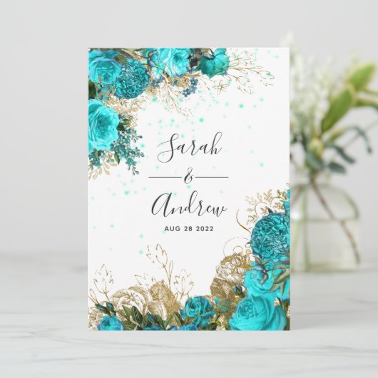  Turquoise en Gold Shabby Wedding Kaart (Staand voorkant)