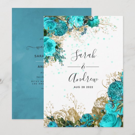 Turquoise en Gold Shabby Wedding Kaart (Voorkant / Achterkant)