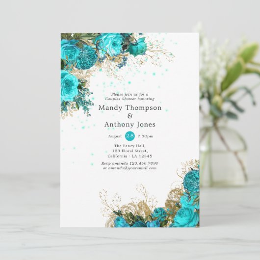 Turquoise en Gold Shabby Wedding Shower Kaart (Staand voorkant)