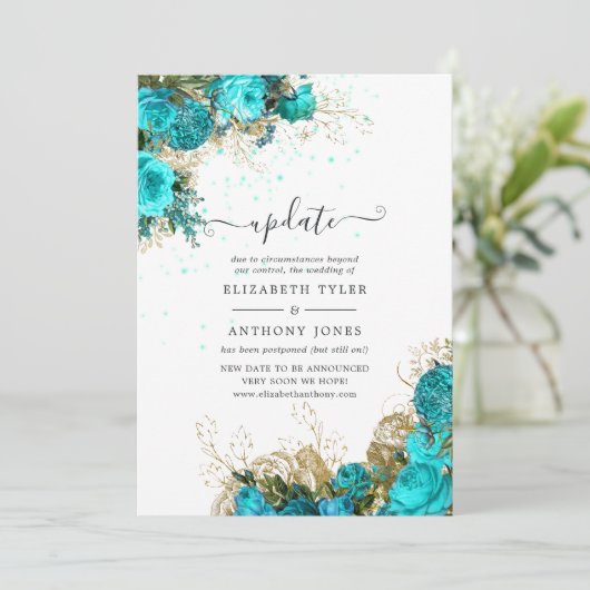  Turquoise en Gold Shabby Wedding Update Kaart (Staand voorkant)