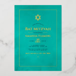 Turquoise en Gold Waterverf Bat Mitzvah Foto van Folie Uitnodiging<br><div class="desc">Koel waterverf wasbat Mitzvah-uitnodiging in accenten van blauwgroen - turkooizen en goud die aan de specificaties van uw gebeurtenis kunnen worden aangepast.</div>