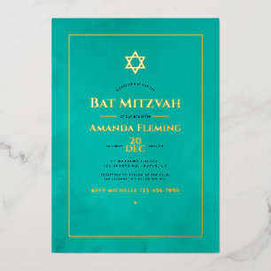 Turquoise en Gold Waterverf Bat Mitzvah Foto van Folie Uitnodiging