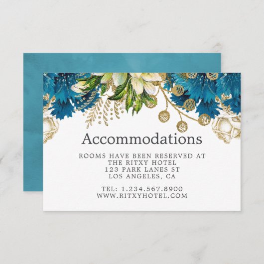  Turquoise en Gold Wedding Accommodations Informatiekaartje (Voorkant / Achterkant)