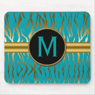 Turquoise en Gold Zebra Stripes met monogram Muismat