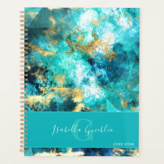 Turquoise en Goud Abstract Marmeren Ontwerp Planner (Voorkant)