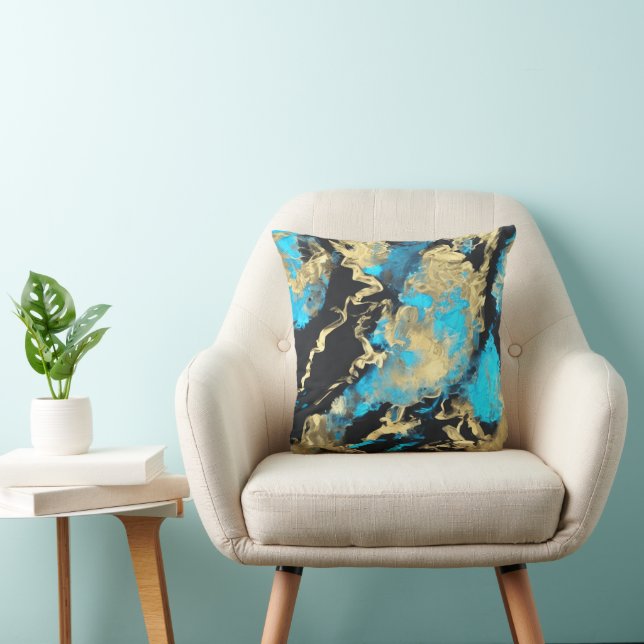 Turquoise en goud abstracte kunst   kussen (Stoel)