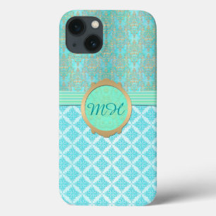 Turquoise en Goud Damast Aangepast Monogram Patroo iPhone 13 Hoesje