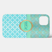 Turquoise en Goud Damast Aangepast Monogram Patroo Case-Mate iPhone Case (Achterkant (horizontaal))