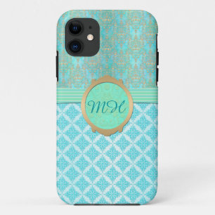 Turquoise en Goud Damast Aangepast Monogram Patroo iPhone 11 Hoesje