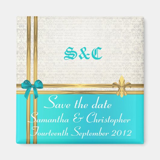 Turquoise en goud op demask save the date magneet (Voorkant)