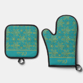 Turquoise en Goud Persoonlijk Ovenwant & Pannenlap Set (Voorkant)
