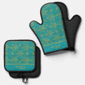 Turquoise en Goud Persoonlijk Ovenwant & Pannenlap Set (Voorkant / Achterkant)