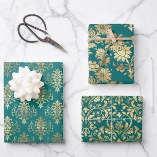 Turquoise en goud vintage damast inpakpapier vel