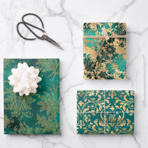 Turquoise en goud vintage damast inpakpapier vel