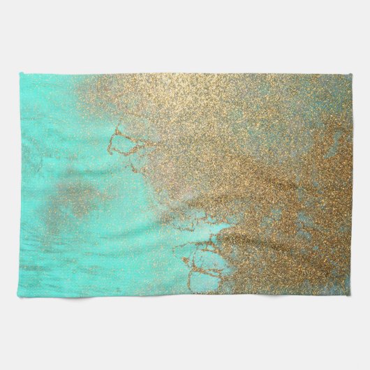 Turquoise en Gouden Abstracte Strandgolf Glitter Theedoek (Horizontaal)