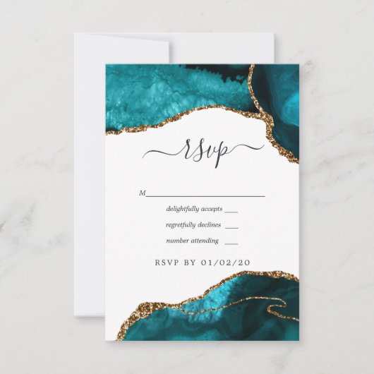 Turquoise en Gouden Agaten Bruiloft RSVP Kaartje (Voorkant)