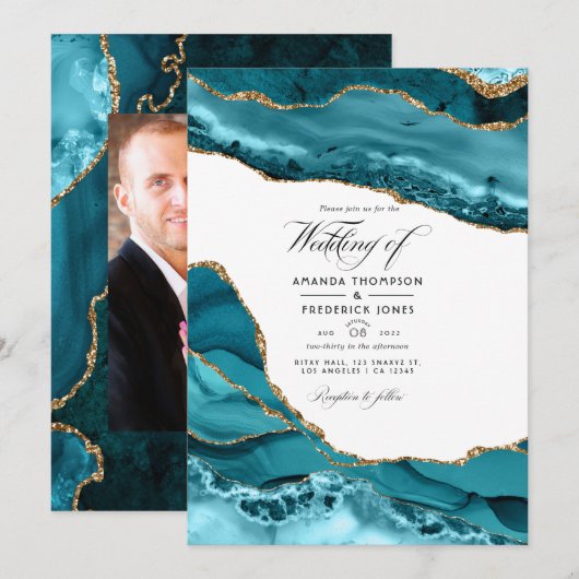 Turquoise en gouden agaten steen trouwfoto kaart (Voorkant / Achterkant)