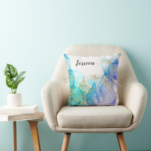 Turquoise en Gouden Alcohol Inkt & Naam Kussen