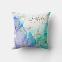 Turquoise en Gouden Alcohol Inkt & Naam Kussen