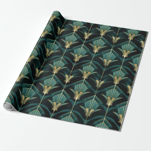 Turquoise en gouden art deco patroon cadeaupapier (Uitgerold)