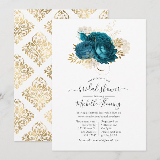 Turquoise en Gouden Bloem Virtuele Bruidsdouche Kaart (Voorkant / Achterkant)