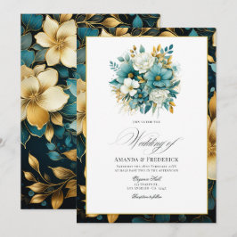 Turquoise en gouden bloemachtige trouwdag kaart