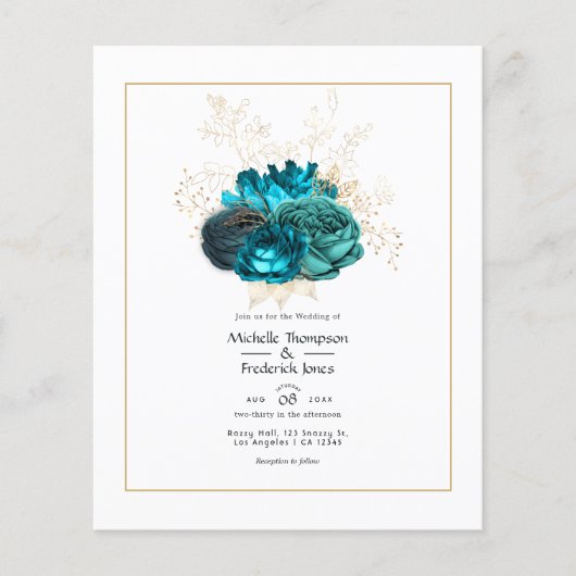 Turquoise en Gouden Bloemen Bruiloft Flyer (Voorkant)