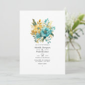 Turquoise en Gouden Bloemen Bruiloft Kaart (Staand voorkant)