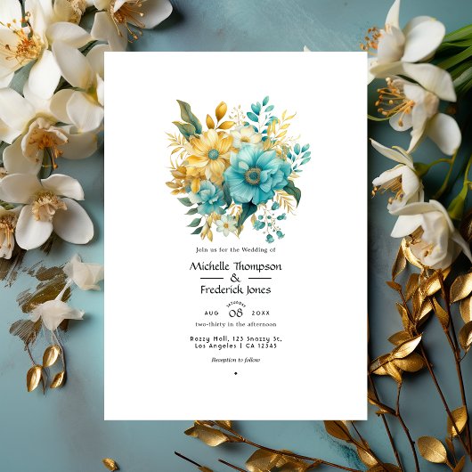 Turquoise en Gouden Bloemen Bruiloft Kaart