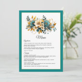 Turquoise en Gouden Bloemen Bruiloft Menu (Staand voorkant)