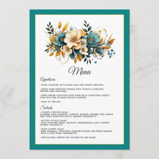 Turquoise en Gouden Bloemen Bruiloft Menu (Voorkant)