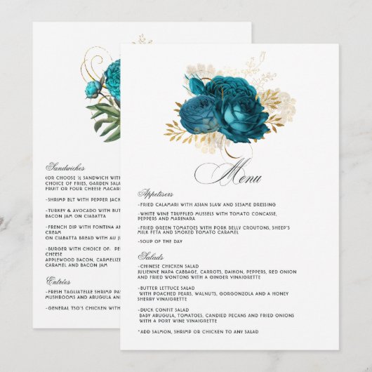 Turquoise en Gouden Bloemen Bruiloft Menu (Voorkant / Achterkant)
