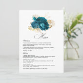 Turquoise en Gouden Bloemen Bruiloft Menu (Staand voorkant)