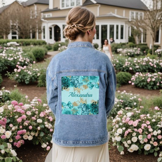 Turquoise en Gouden Bloemen Denim Jacket (Huwelijk Achterkant)