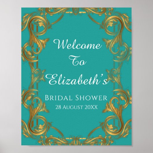 Turquoise en Gouden Bruiloft Bord met Bloemmotieve Poster (Voorkant)