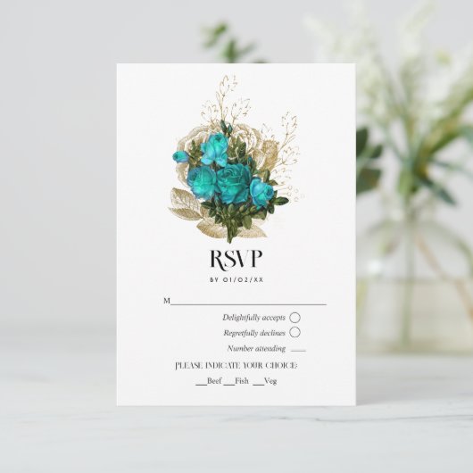  Turquoise en gouden bruiloft RSVP Kaartje (Staand voorkant)