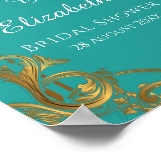 Turquoise en Gouden Bruiloftsbord met Bloemmotieve Poster (Hoek)