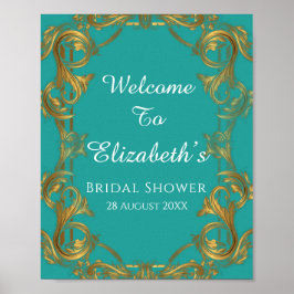 Turquoise en Gouden Bruiloftsbord met Bloemmotieve Poster