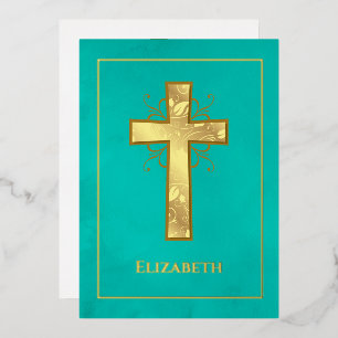 Turquoise en Gouden Doop Filigraan Folie Uitnodiging