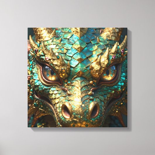 Turquoise en Gouden Drakengezicht Canvas Afdruk (Voorkant)